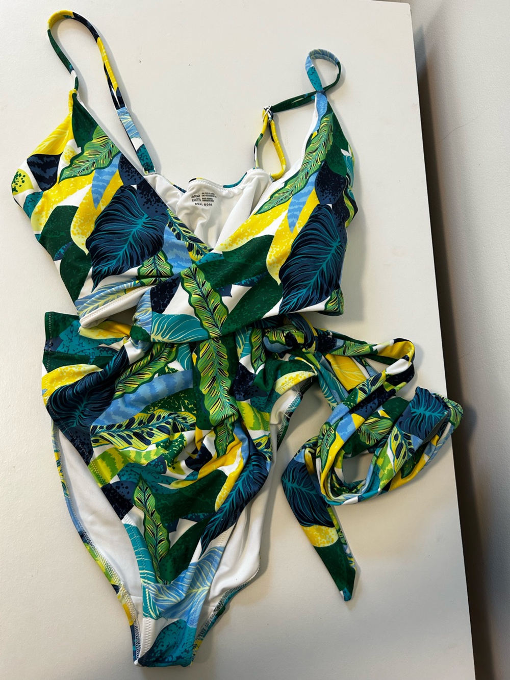 aerie Tropical Leaf Wrap One-Piece Swimsuit - Green/Blue/Yellow